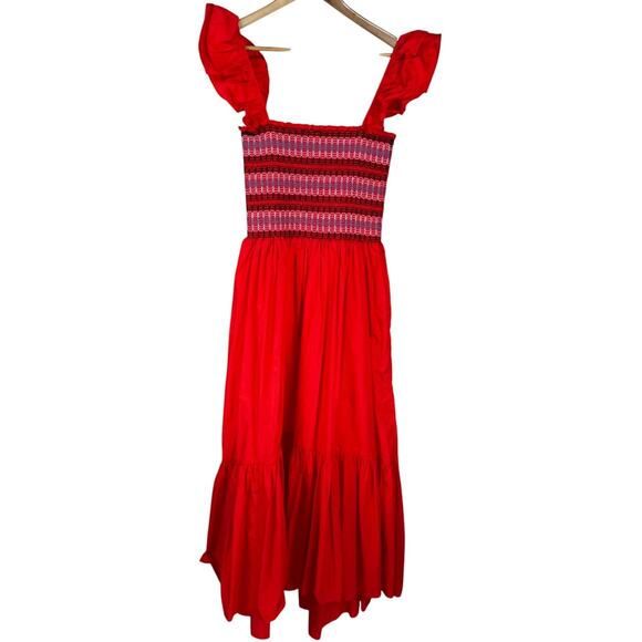 Cara Cara Smocked Midi Dress Red Women's Size Medium 100% Cotton NWOT FLAW - Picture 1 of 9